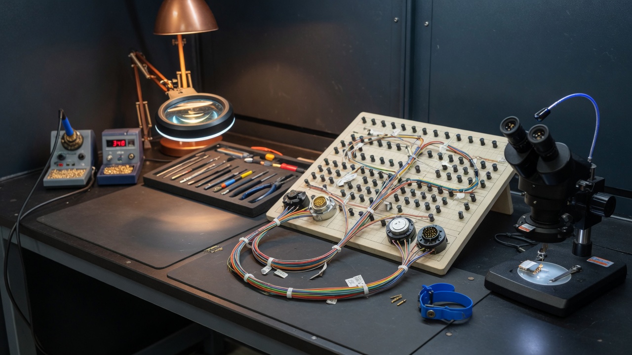 Harness on a formboard. Circular connectors and dressed wire.
